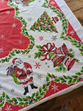 VTG Christmas Tablecloth 60s MCM Santa Tree Ornaments 66x51 Holiday RETRO